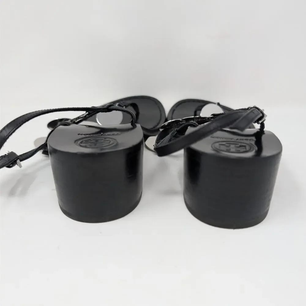 Tory Burch Black Leather Summer Sandals Silver Disc Heels Size 9